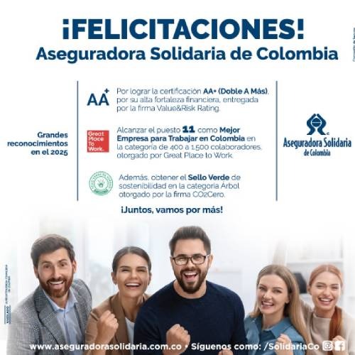 Aseguradora Solidaria de Colombia es la 11 mejor empresa para trabajar en Colombia en 2025 según GPTW